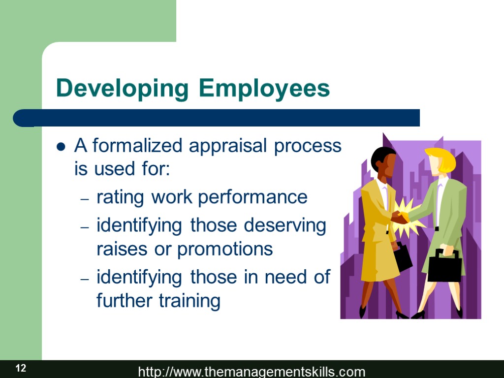 12 Developing Employees A formalized appraisal process is used for: rating work performance identifying